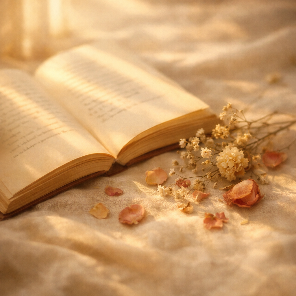 Open poetry book with dried flowers and warm golden light