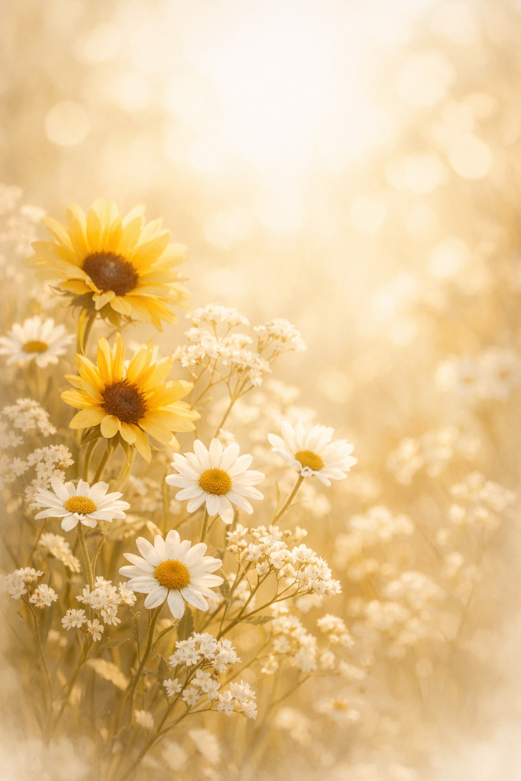 Warm golden wildflowers in soft sunlight