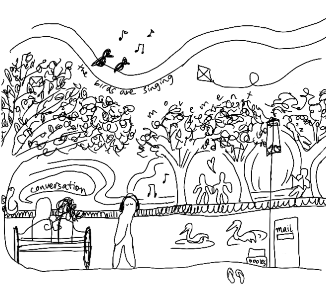 A landscape of figures, birds, plants, and mountains — a hand-drawn world.